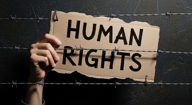 Hand holding cardboard sign with text human rights behind barbed wire fence against dark background concept of freedom and protest
