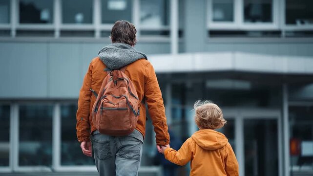 Child with backpack holding parent's hand on the first day of school in a city street with buildings nearby