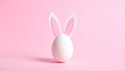 Obraz premium Minimalist Studio Shot of a Single White Easter Egg with White Paper Bunny Ears Standing Against a Solid Soft Pink Background