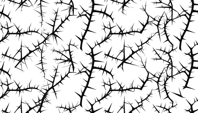 Seamless pattern of black thorns on a white background.
