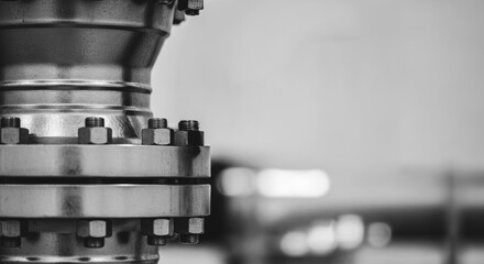 Close-up of industrial metal pipeline flange with bolts and nuts in black and white