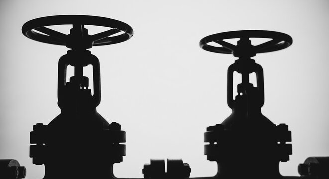 Silhouette of two large industrial gate valves with handwheels against a bright white background