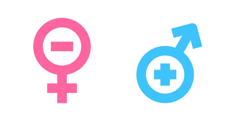 Obraz premium A pink female gender symbol with a minus sign and a blue male gender symbol with a plus sign, representing gender differences or concepts.