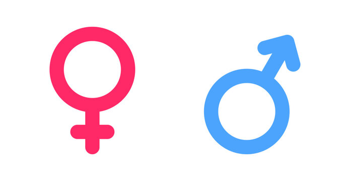 Pink female symbol and blue male symbol side by side, representing gender, relationships, love, and equality. Isolated on white background.