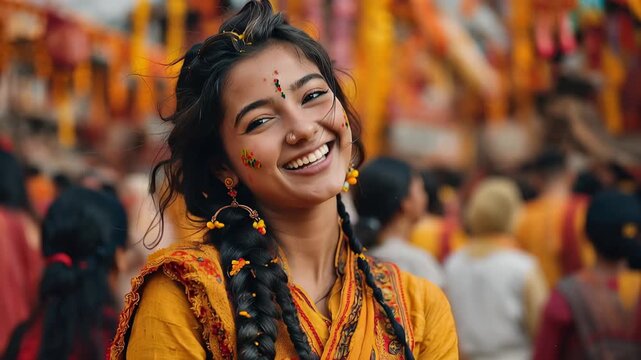 Young Indian girl smiles in traditional attire during festival celebration in a vibrant outdoor setting with colorful decorations