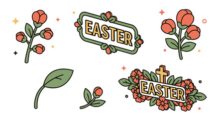 A collection of Easter-themed floral elements and symbols in colorful modern vector style, perfect for seasonal greetings and decorations © vadymstock
