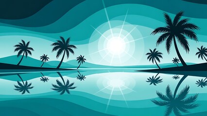 Obraz premium Tranquil tropical scene featuring palm trees silhouetted against a glowing sunset