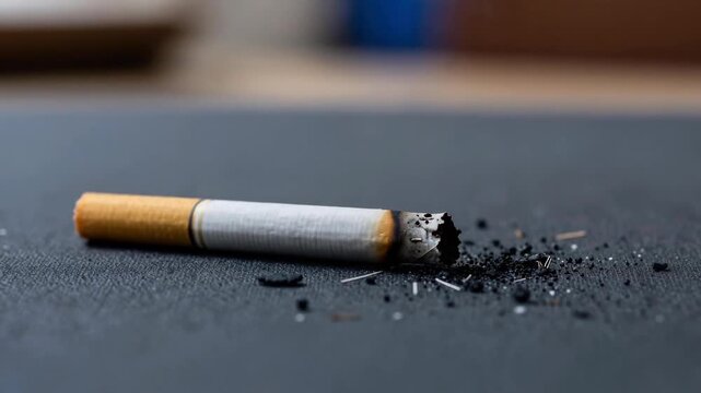 Close up of a Burning Cigarette on Dark Textured Surface with Smoke and Ash Falling Slowly Cinematic Still Life Shot
