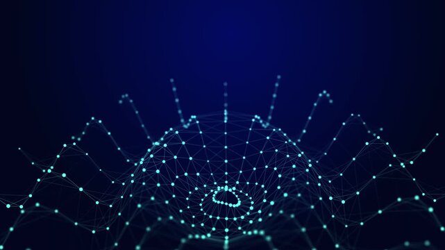 Waves transmit silent codes through a luminous matrix. Particles pulse with digital motion. 3D rendering. Seamless loop.