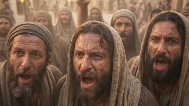 Angry biblical crowd of Jewish men shouting and demanding release of Barabbas during trial of Jesus Christ depicting mob justice and historic betrayal in Jerusalem