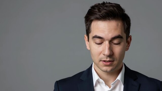 Close up of a Man in Suit Looking Surprised or Shocked with Wide Eyes and Open Mouth Against Plain Gray Studio Background