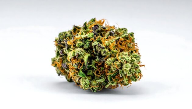 A dense green and orange cannabis bud on a white background