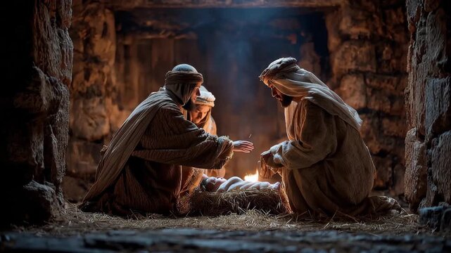 Three wise men offer gifts to baby Jesus in a nativity scene during Christmas celebration at a stable