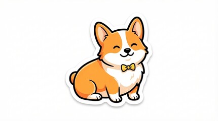 Fototapeta premium Cute kawaii corgi dog wearing a tiny yellow bowtie, happy sitting puppy character sticker art vector illustration isolated on white background