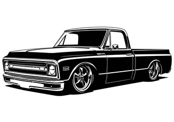 Lowered Classic Pickup Truck Vector Silhouette Black and White Illustration © Saad Hassan