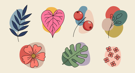 A collection of colorful leaves and flowers in modern vector style, ideal for nature-themed designs and branding