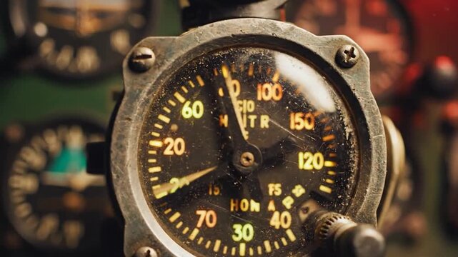 Tight shot of a vintage aircraft altimeter dial vibrating slightly against its glass housing during flight.