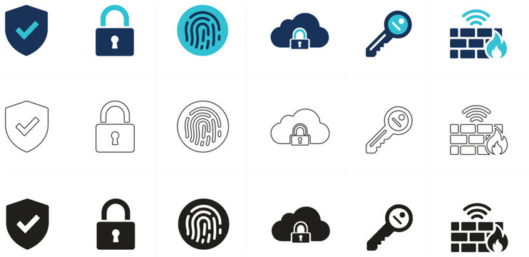 Information technology security vector icons in flat, outline, and solid glyph styles.