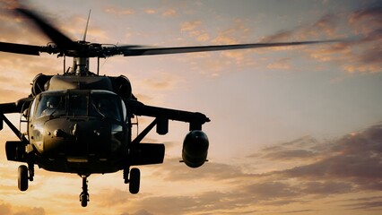Military helicopter flying at sunset with rotor in motion against dramatic sky, aerial patrol aircraft and aviation defense concept. © ภัทรดนัย บุญชูเดชะ