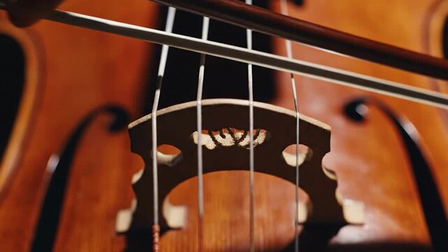Tight shot of a thick C-string on a cello vibrating over the carved wooden bridge during a low note.