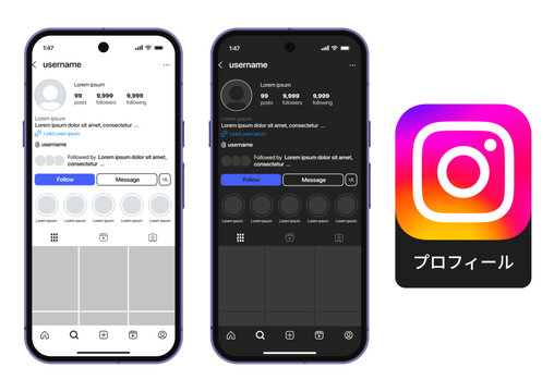 インスタグラムモバイルアプリのUIデザイン
プロフィール画面のユーザーインターフェースとレイアウト例