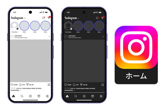 インスタグラムモバイルアプリのUIデザイン
ホーム画面のユーザーインターフェースとSNSアプリレイアウト例
