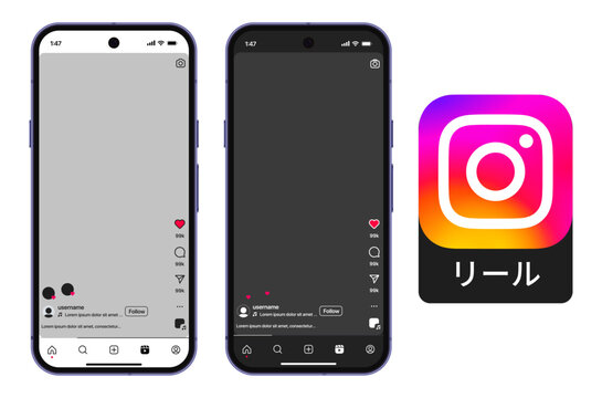 インスタグラムモバイルアプリのUIデザイン
リール動画画面のユーザーインターフェースとSNSアプリレイアウト例