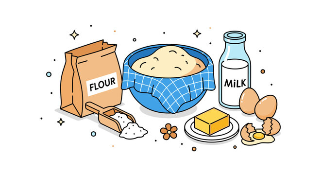 A collection of baking ingredients including flour, milk, dough, eggs, and butter in colorful flat vector style, perfect for culinary projects