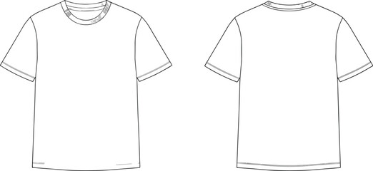 Basic t shirt technical fashion illustration, front and back views, casual short sleeve tee apparel outline vector