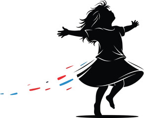 A cheerful young girl vector illustration, full of joy and freedom, gracefully dances with arms wide open, expressing pure happiness and vibrant energy.