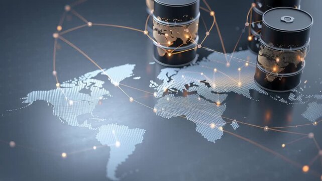 global oil market visualization, oil barrels with interconnected world market symbols, clean and modern editorial design, Dark barrels glow with digital data streams. World map pulses beneath them