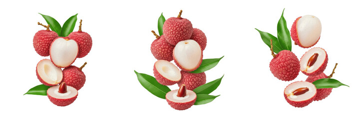 Title: Flying fresh lychee fruits with green leaves isolated on white background