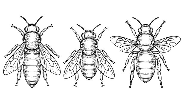 Vintage bee specimen vector set with queen worker and drone bees doodle style illustration