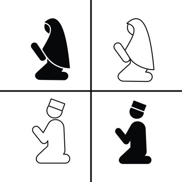 Muslim prayer icon set featuring men and women in prayer positions, silhouettes, and line art style for Ramadan Kareem and Islamic religious content, vector design | Adobe Stock