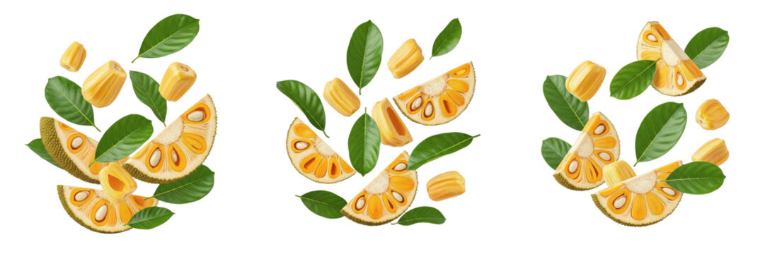 Title: Floating fresh jackfruit pieces and leaves isolated on white background