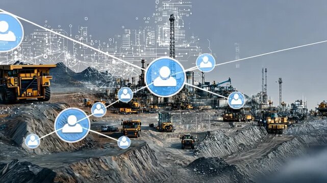 Connected Mining: Digitized landscape showing interconnected industry and technology. Exploring the intricate link between machinery, data, and human resources in the modern mining landscape.