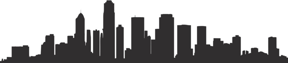 Obraz premium Urban city skyline silhouette with modern skyscrapers and downtown buildings, minimalist black cityscape panorama isolated on white background, metropolitan architecture illustration