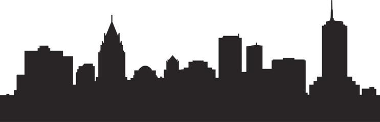 Naklejka premium Urban city skyline silhouette with modern skyscrapers and downtown buildings, minimalist black metropolitan cityscape panorama isolated on white background, architecture illustration design