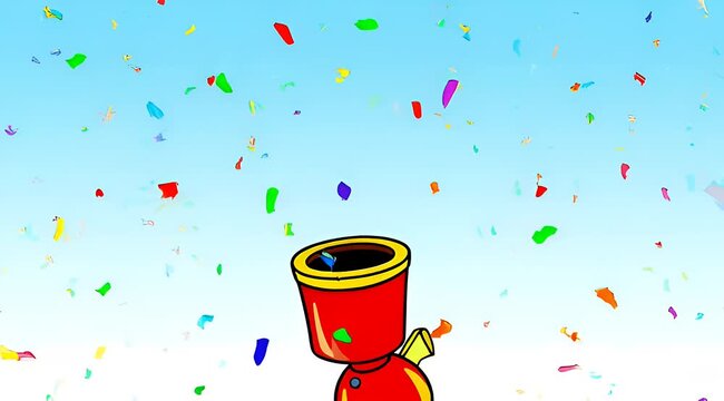 Animated confetti popper against a light blue sky celebrates a festive occasion