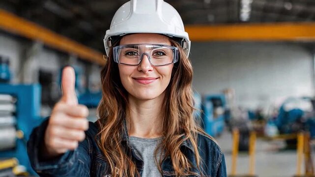 Empowered Engineer in Workshop: Confident female engineer, radiating competence, offers a thumbs-up in a vibrant workshop setting, symbolizing expertise and positivity in the industrial sphere.