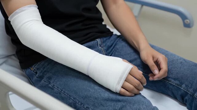 Person with Arm in Cast Sitting on Hospital Bed Recovering From Injury Medical Healthcare Concept