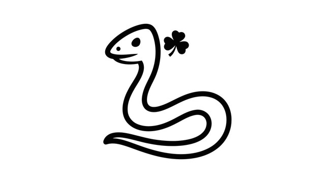 A simple line drawing of a snake with a four-leaf clover near its head.