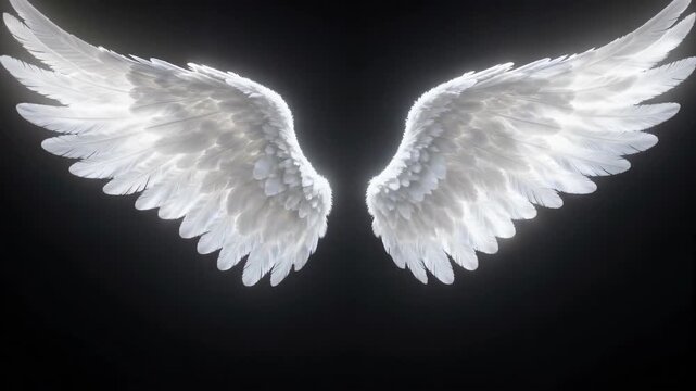 Radiant White Angel Wings Glowing Against Dark Background, Cinematic 3d Render for Spiritual or Fantasy Projects