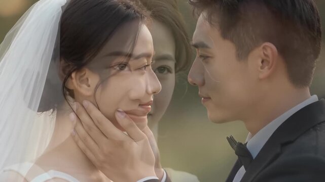 Romantic Couple in Wedding Attire Sharing Tender Moment Outdoors during Golden Hour with Soft Natural Lighting and Intimate Close-up Shot