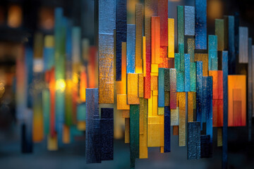 Obraz premium Vibrant abstract layered composition with colorful shapes dissolving gradually toward edge in cinematic light