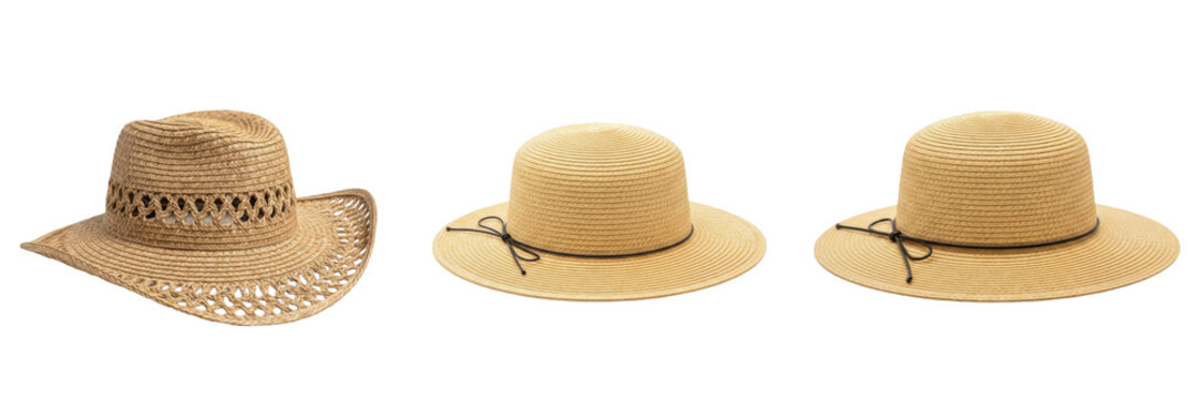 Set of stylish straw hats for summer fashion isolated on white background