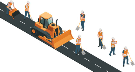 Isometric road construction workers repairing asphalt road with bulldozer, highway maintenance crew, street repair equipment vector illustration