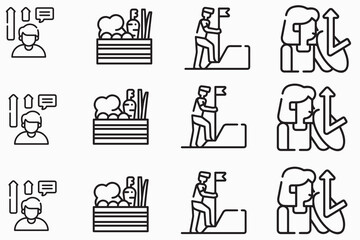 Fototapeta premium Personal growth and healthy lifestyle icon set. Vector illustration of linear symbols representing career progress, organic vegetable box, goal achievement, and time management in a minimalist black 