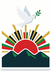 Obraz premium Graphic illustration of a white dove holding an olive branch flying over a vibrant sun rising behind mountains with colorful rays