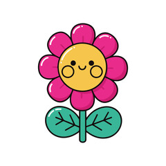 Fototapeta premium Cute Happy Pink Flower Cartoon Character With Smiling Face And Green Leaves Vector